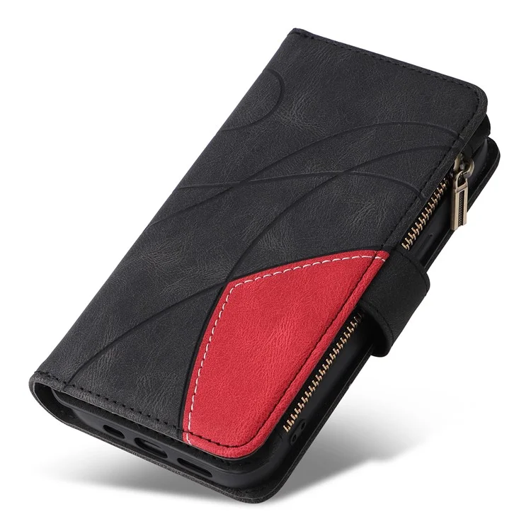 For iPhone 16 Pro Leather Case with Strap Zipper 9 Card Slot Phone Cover Stand - Black