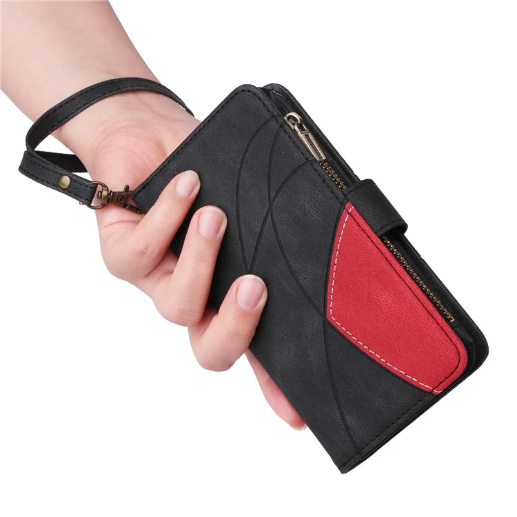 For iPhone 16 Pro Leather Case with Strap Zipper 9 Card Slot Phone Cover Stand - Black