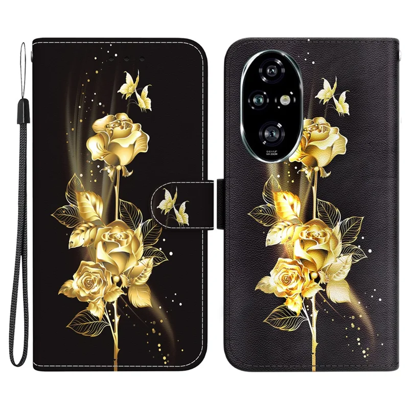Per Honor 200 Pro 5G Stand Case Pattern Print Leather Wallet Phone Cover - Gold Butterfly Rose