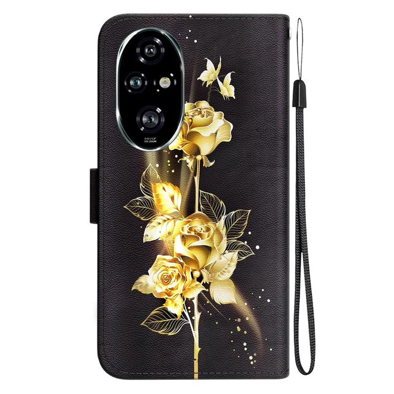 Per Honor 200 Pro 5G Stand Case Pattern Print Leather Wallet Phone Cover - Gold Butterfly Rose
