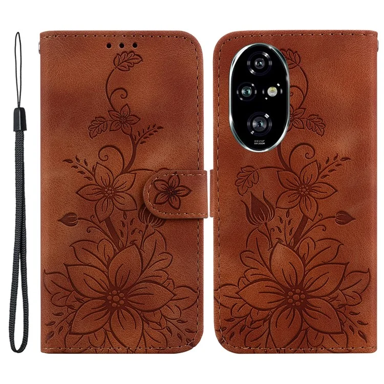 For Honor 200 Pro 5G Funda de Cartera de Teléfono con Estampado de Lirio de Cuero Sintético - Marrón
