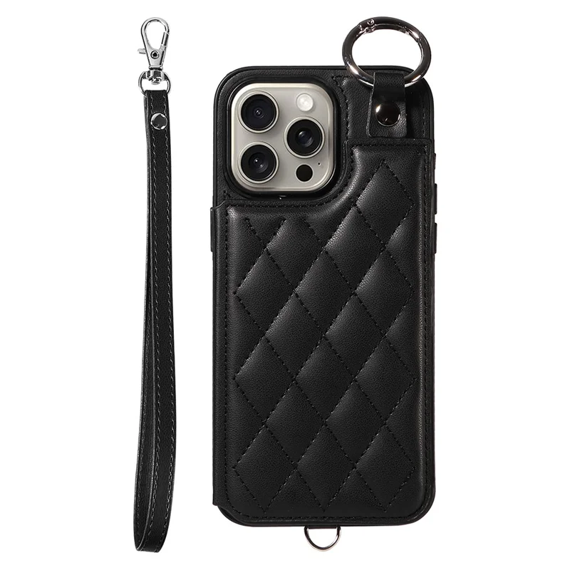 Card Bag 009 for iPhone 15 Pro Max Case Kickstand Rhombus Leather Back Cover with Strap - Black