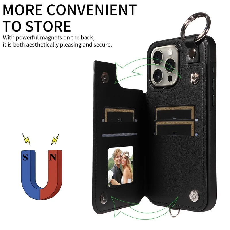 Card Bag 009 for iPhone 15 Pro Max Case Kickstand Rhombus Leather Back Cover with Strap - Black