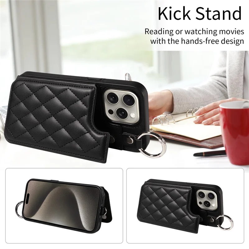 Card Bag 009 for iPhone 15 Pro Max Case Kickstand Rhombus Leather Back Cover with Strap - Black
