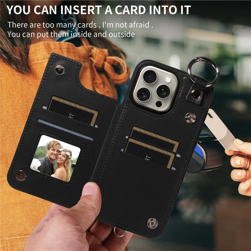 Card Bag 009 for iPhone 15 Pro Max Case Kickstand Rhombus Leather Back Cover with Strap - Black