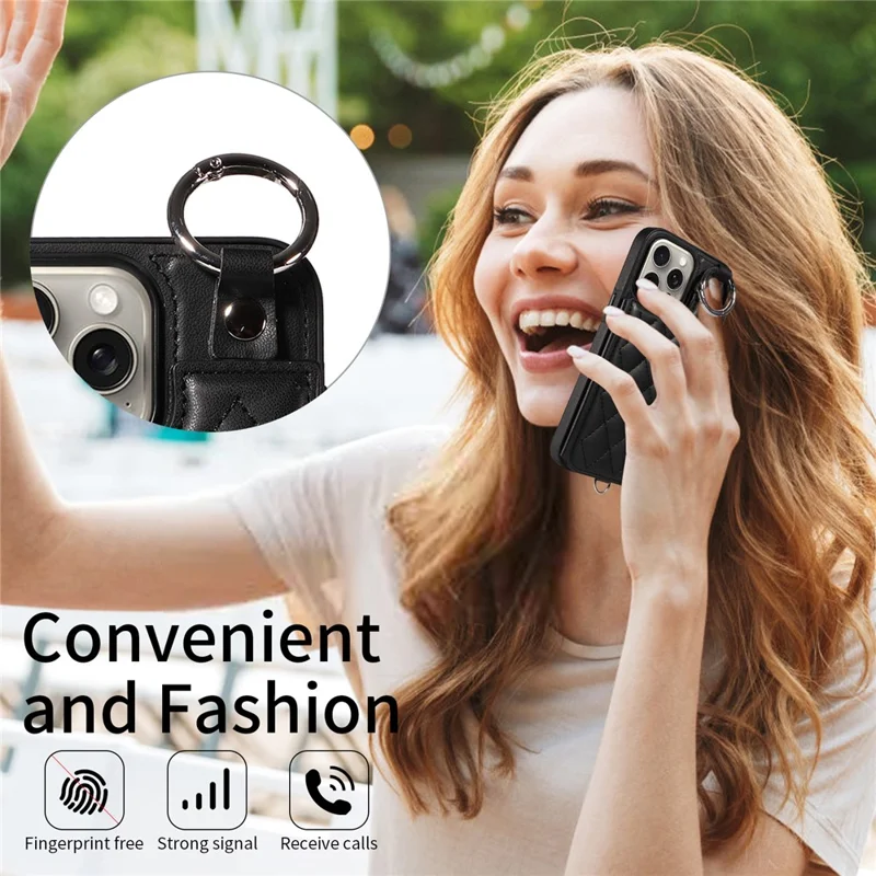 Card Bag 009 for iPhone 15 Pro Max Case Kickstand Rhombus Leather Back Cover with Strap - Black