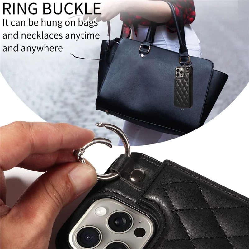 Card Bag 009 for iPhone 15 Pro Max Case Kickstand Rhombus Leather Back Cover with Strap - Black