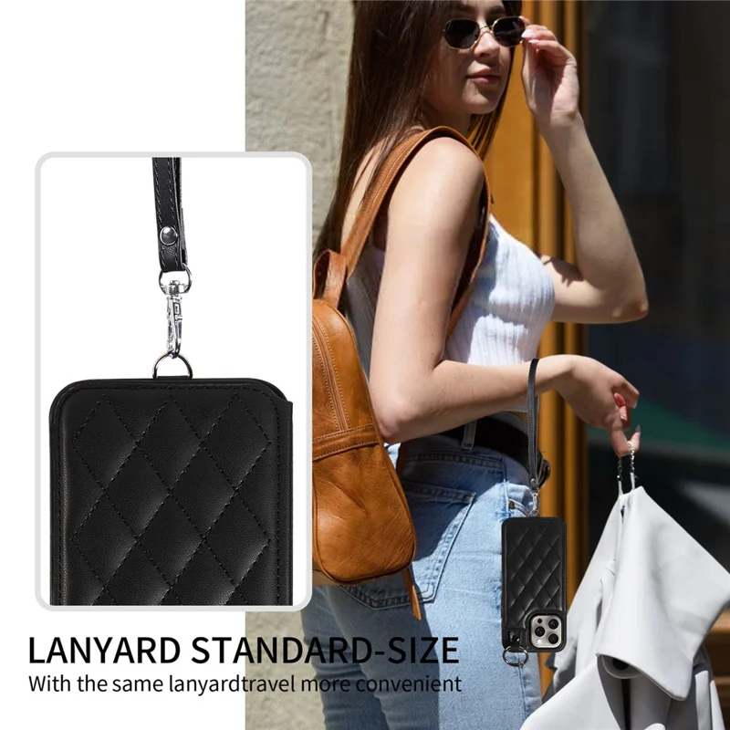 Card Bag 009 for iPhone 15 Pro Max Case Kickstand Rhombus Leather Back Cover with Strap - Black