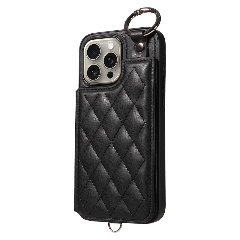 Card Bag 009 for iPhone 15 Pro Max Case Kickstand Rhombus Leather Back Cover with Strap - Black