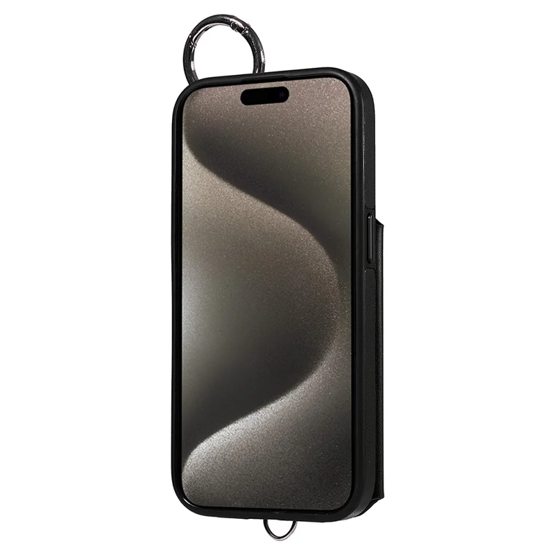 Card Bag 009 for iPhone 15 Pro Max Case Kickstand Rhombus Leather Back Cover with Strap - Black