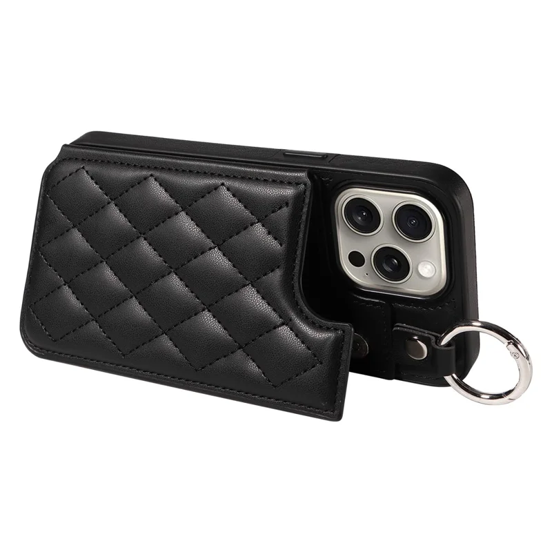 Card Bag 009 for iPhone 15 Pro Max Case Kickstand Rhombus Leather Back Cover with Strap - Black