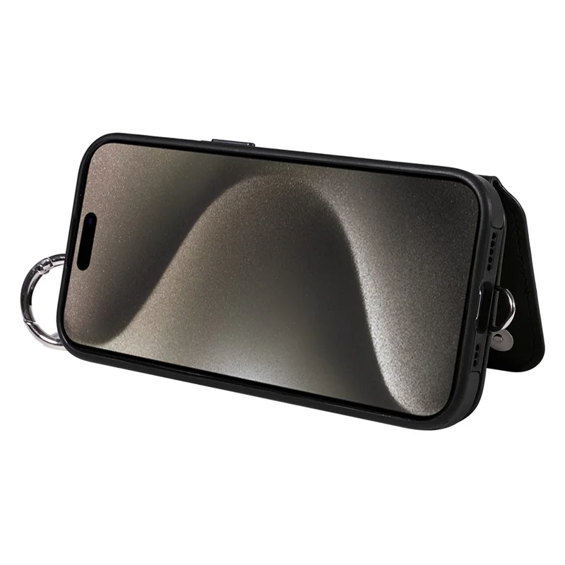 Card Bag 009 for iPhone 15 Pro Max Case Kickstand Rhombus Leather Back Cover with Strap - Black
