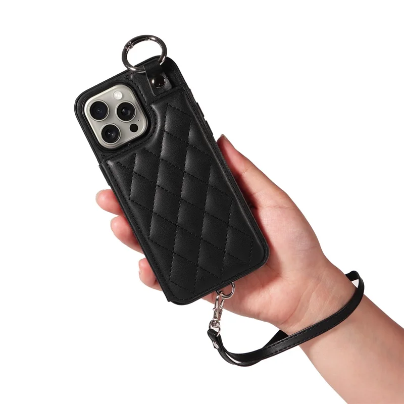 Card Bag 009 for iPhone 15 Pro Max Case Kickstand Rhombus Leather Back Cover with Strap - Black
