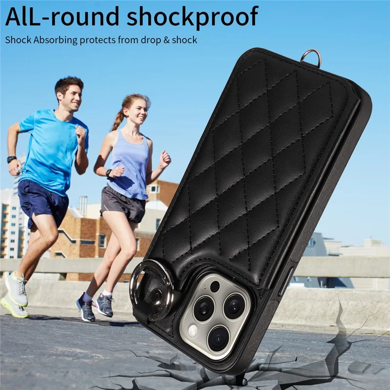 Card Bag 009 for iPhone 15 Pro Max Case Kickstand Rhombus Leather Back Cover with Strap - Black