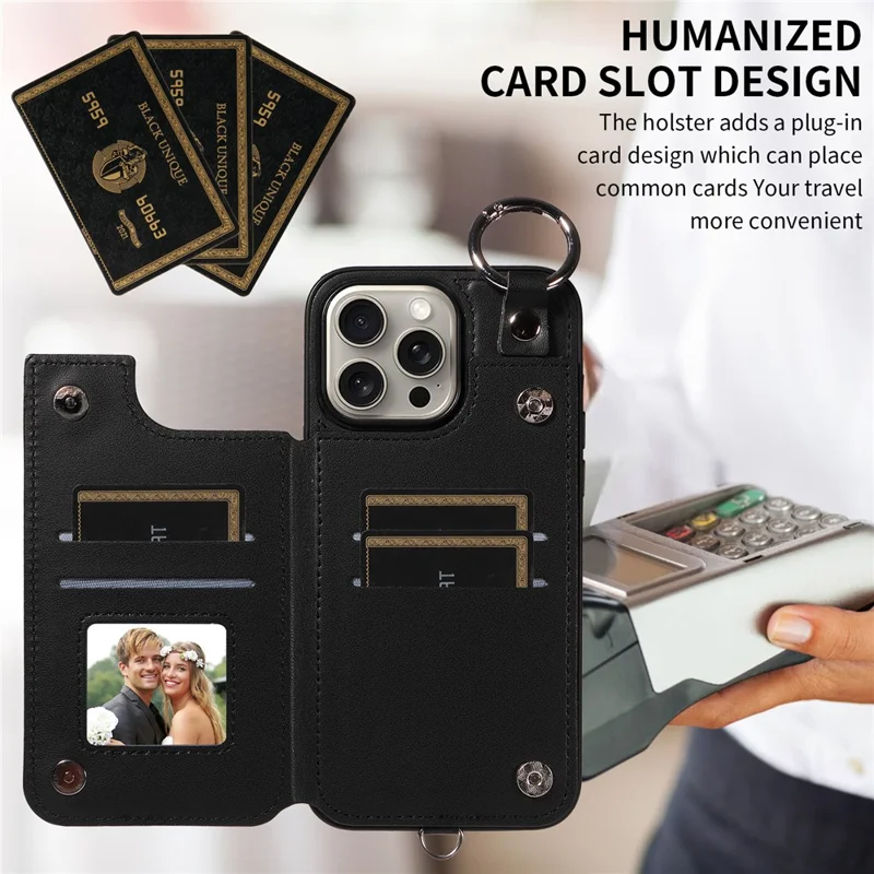 Card Bag 009 for iPhone 15 Pro Max Case Kickstand Rhombus Leather Back Cover with Strap - Black