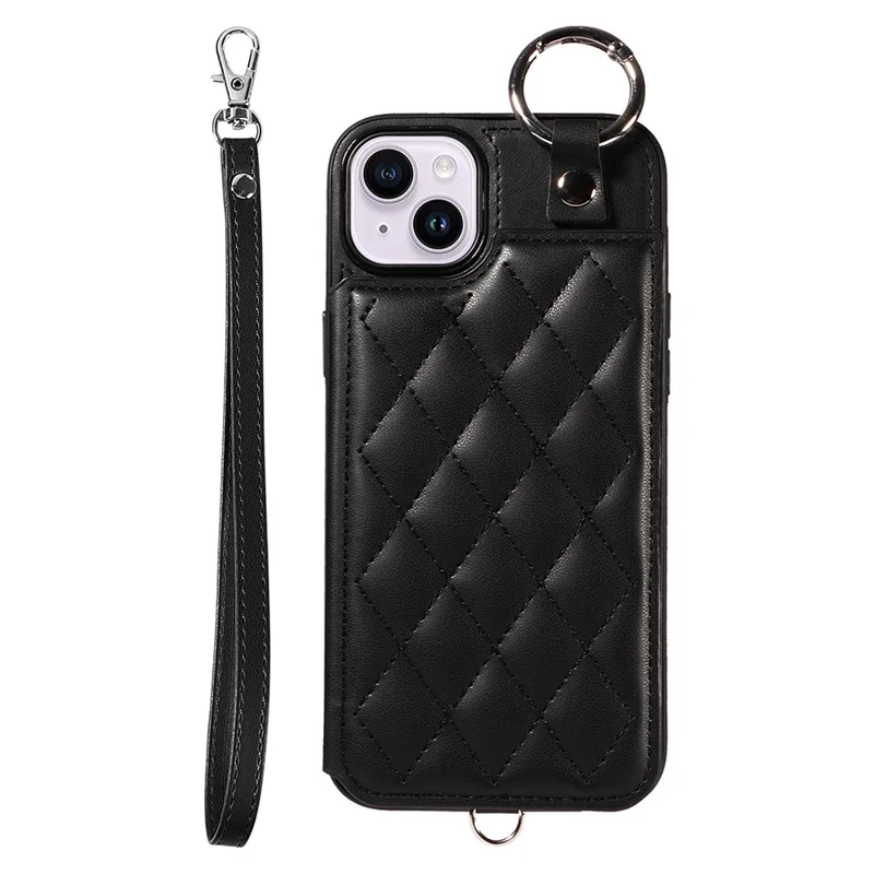Card Bag 009 for iPhone 14 Plus Case with Hand Strap Kickstand Ring Holder Leather Back Cover - Black