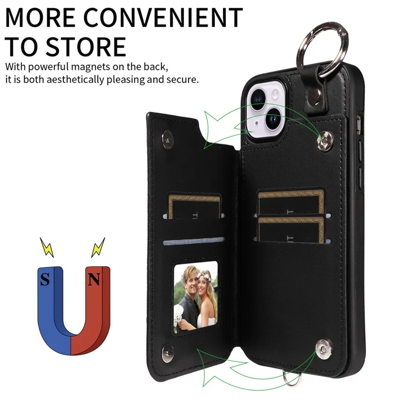 Card Bag 009 for iPhone 14 Plus Case with Hand Strap Kickstand Ring Holder Leather Back Cover - Black