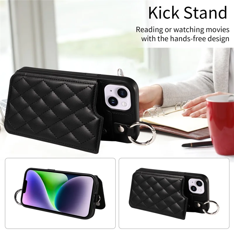 Card Bag 009 for iPhone 14 Plus Case with Hand Strap Kickstand Ring Holder Leather Back Cover - Black