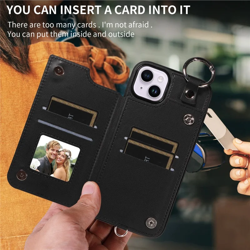 Card Bag 009 for iPhone 14 Plus Case with Hand Strap Kickstand Ring Holder Leather Back Cover - Black