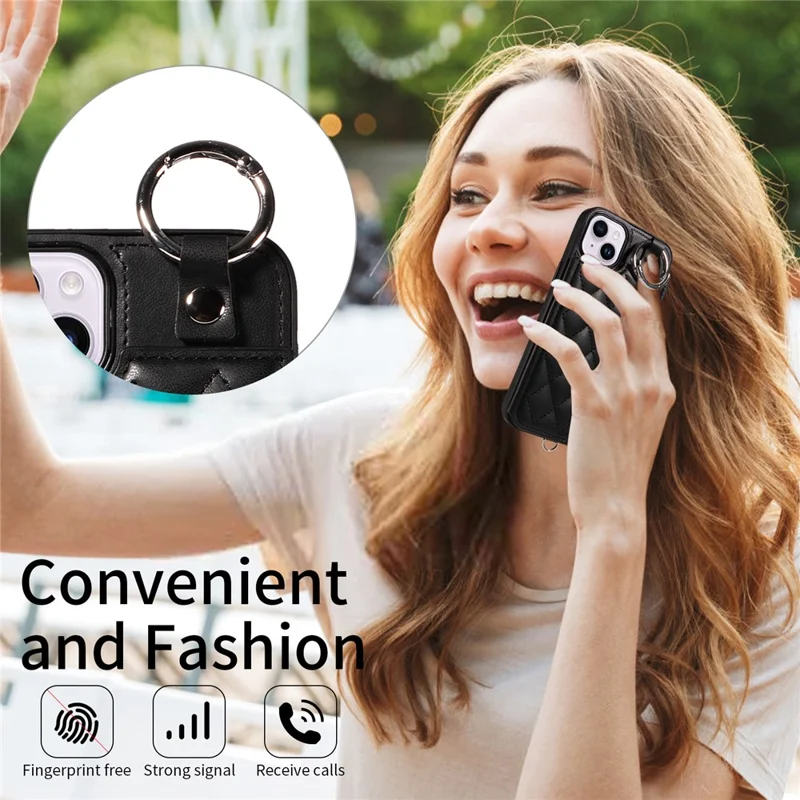 Card Bag 009 for iPhone 14 Plus Case with Hand Strap Kickstand Ring Holder Leather Back Cover - Black