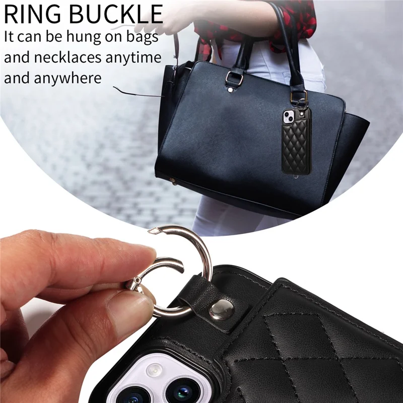 Card Bag 009 for iPhone 14 Plus Case with Hand Strap Kickstand Ring Holder Leather Back Cover - Black