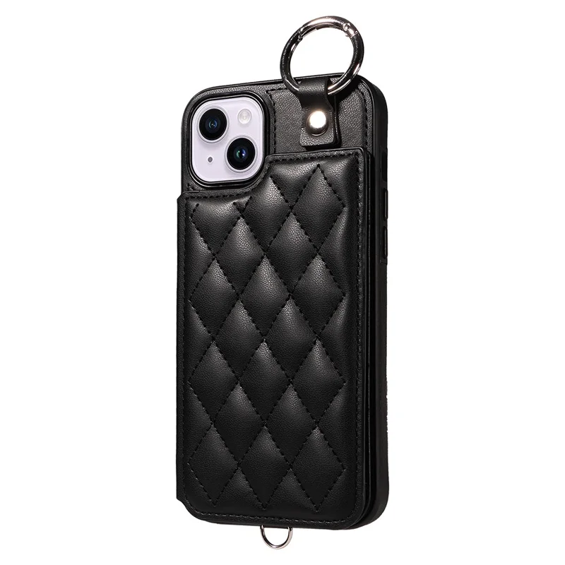 Card Bag 009 for iPhone 14 Plus Case with Hand Strap Kickstand Ring Holder Leather Back Cover - Black