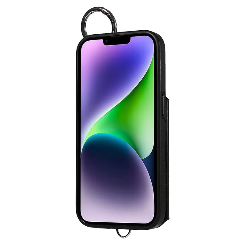 Card Bag 009 for iPhone 14 Plus Case with Hand Strap Kickstand Ring Holder Leather Back Cover - Black