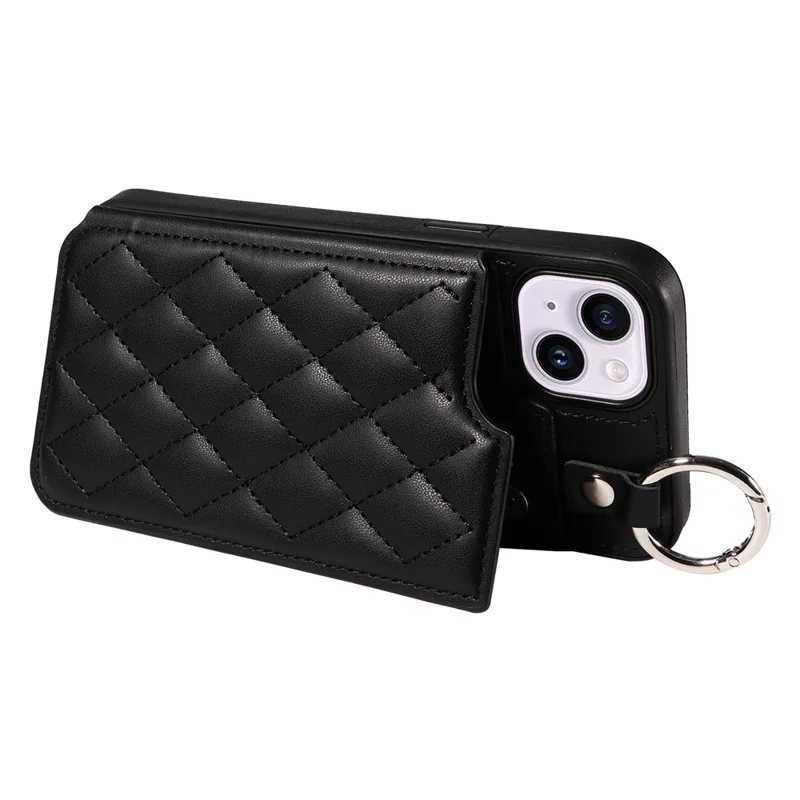 Card Bag 009 for iPhone 14 Plus Case with Hand Strap Kickstand Ring Holder Leather Back Cover - Black