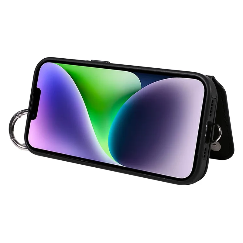 Card Bag 009 for iPhone 14 Plus Case with Hand Strap Kickstand Ring Holder Leather Back Cover - Black