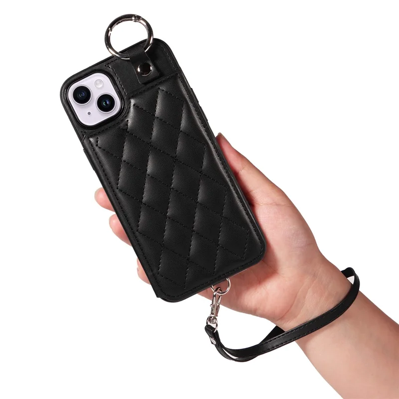 Card Bag 009 for iPhone 14 Plus Case with Hand Strap Kickstand Ring Holder Leather Back Cover - Black