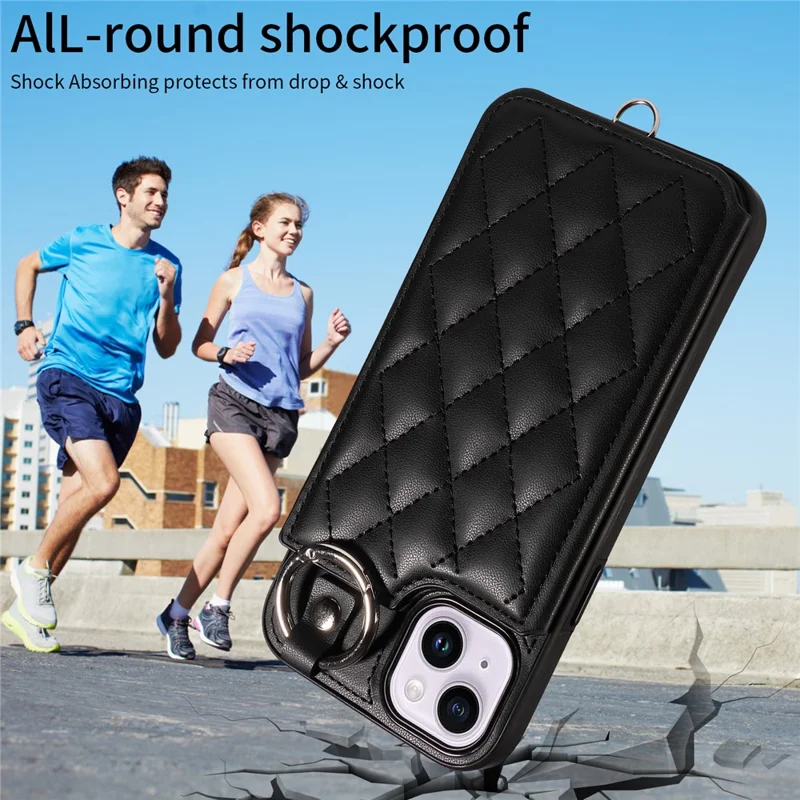 Card Bag 009 for iPhone 14 Plus Case with Hand Strap Kickstand Ring Holder Leather Back Cover - Black