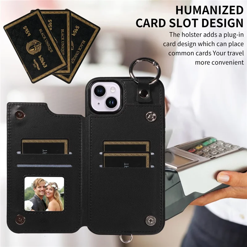 Card Bag 009 for iPhone 14 Plus Case with Hand Strap Kickstand Ring Holder Leather Back Cover - Black