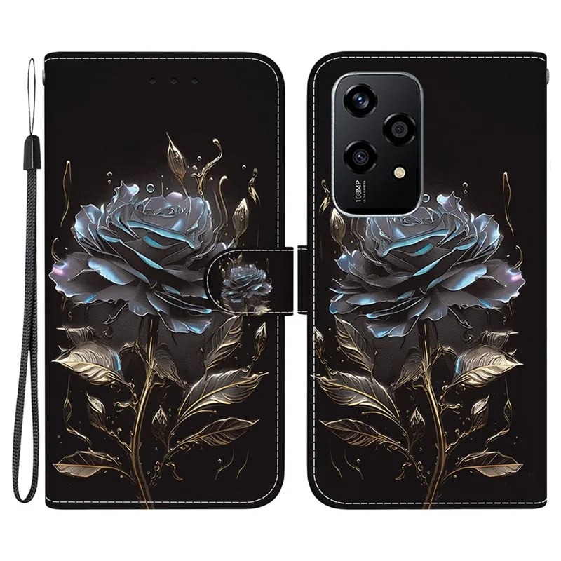 For Honor 200 Lite Stand Case Pattern Print Leather Wallet Phone Cover - Black Rose
