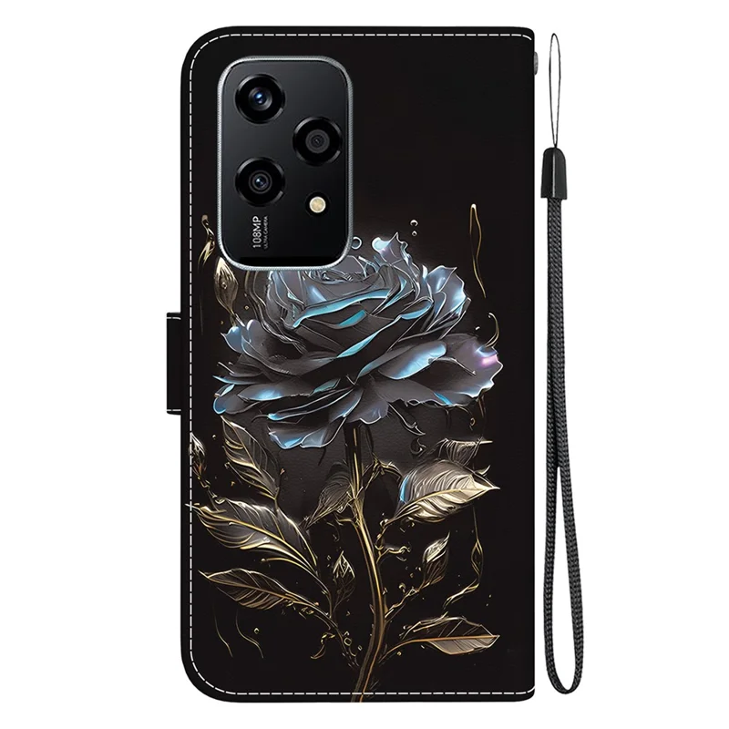 For Honor 200 Lite Stand Case Pattern Print Leather Wallet Phone Cover - Black Rose