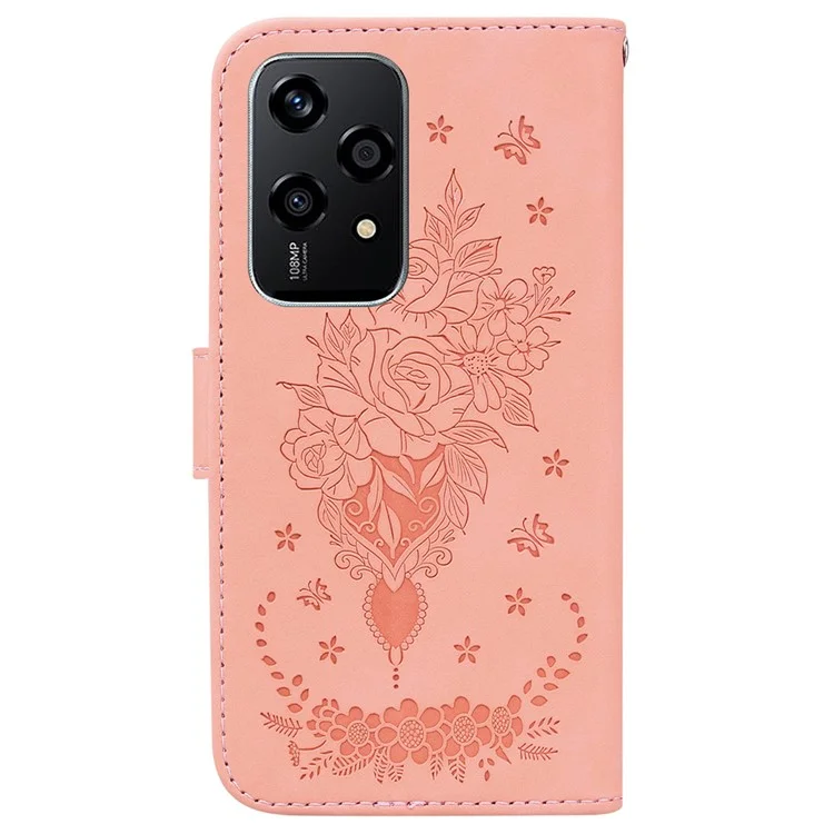 For Honor 200 Lite Wallet Case Butterfly Rose Imprint Leather Stand Phone Cover - Rosa