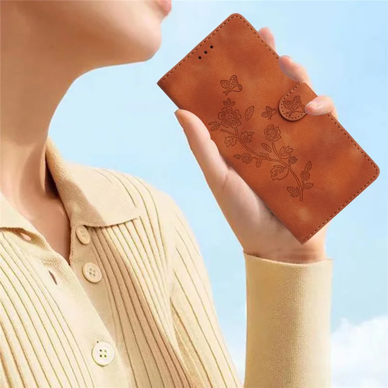 For Samsung Galaxy S24 FE Case PU Leather Flower Imprinted Wallet Protective Cover - Brown
