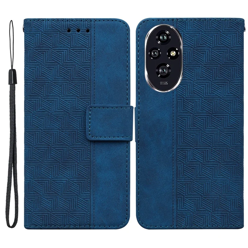 For Honor 200 5G Leather Case Geometry Imprint Wallet Phone Cover with Strap - Blue