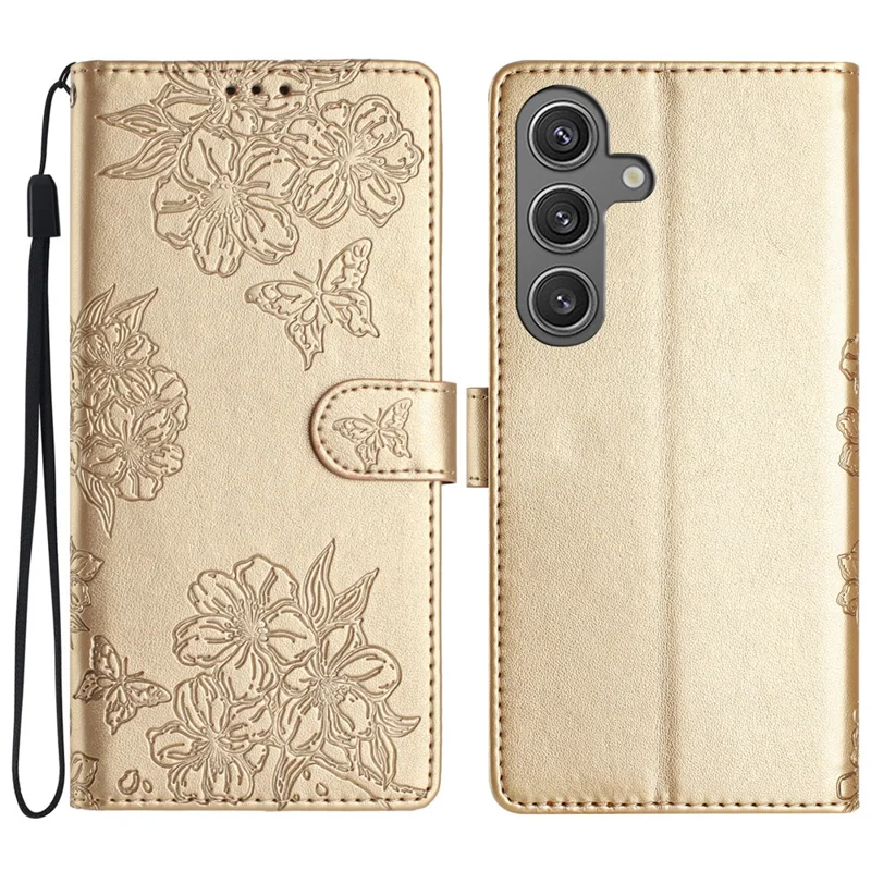 For Samsung Galaxy S24 FE Case PU Leather Imprinting Phone Cover with Card Slot Holder Stand - Gold