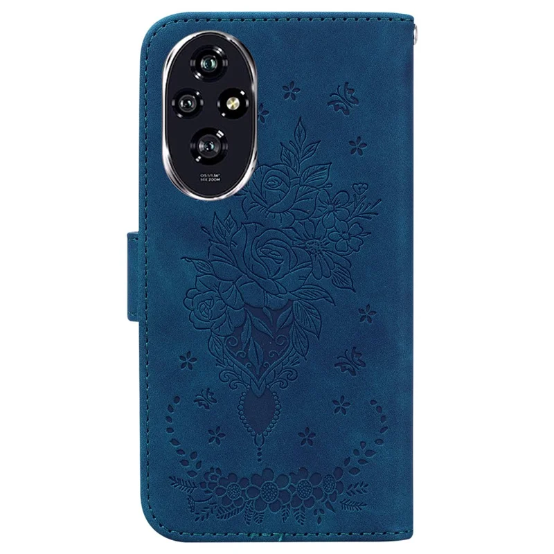 Pour Honor 200 5G Stand Case Butterfly Rose Imprint Leather Wallet Phone Cover - Bleu