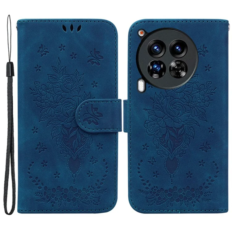 Für TECNO Camon 30 Premier 5G Stand Case Butterfly Rose Imprint Leder Geldbörse Handyhülle - Blau