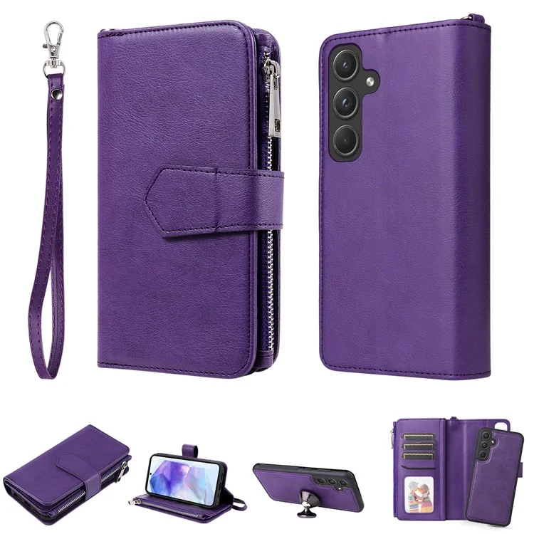 For Samsung Galaxy A55 5G Magnetic Leather Case Mobile Cover with Detachable Zipper Wallet Strap - Purple