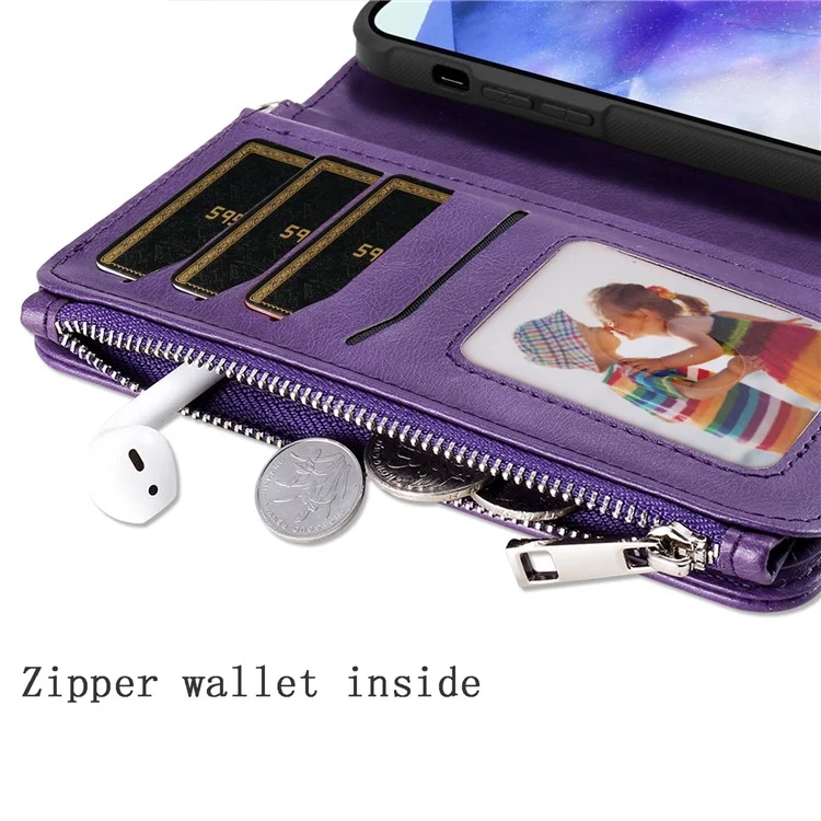 For Samsung Galaxy A55 5G Magnetic Leather Case Mobile Cover with Detachable Zipper Wallet Strap - Purple