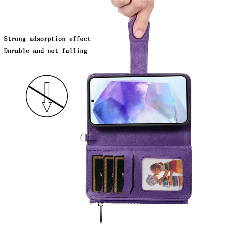 For Samsung Galaxy A55 5G Magnetic Leather Case Mobile Cover with Detachable Zipper Wallet Strap - Purple