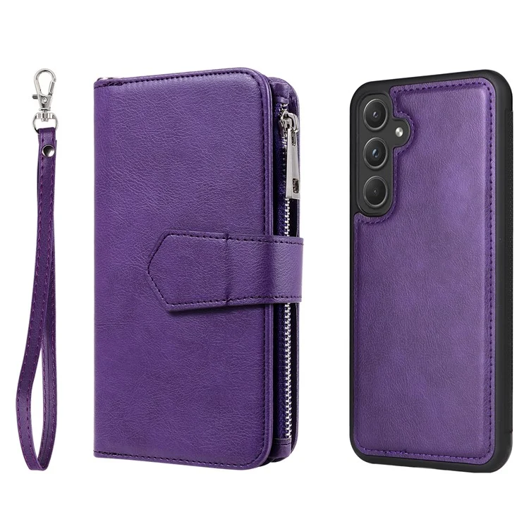 For Samsung Galaxy A55 5G Magnetic Leather Case Mobile Cover with Detachable Zipper Wallet Strap - Purple