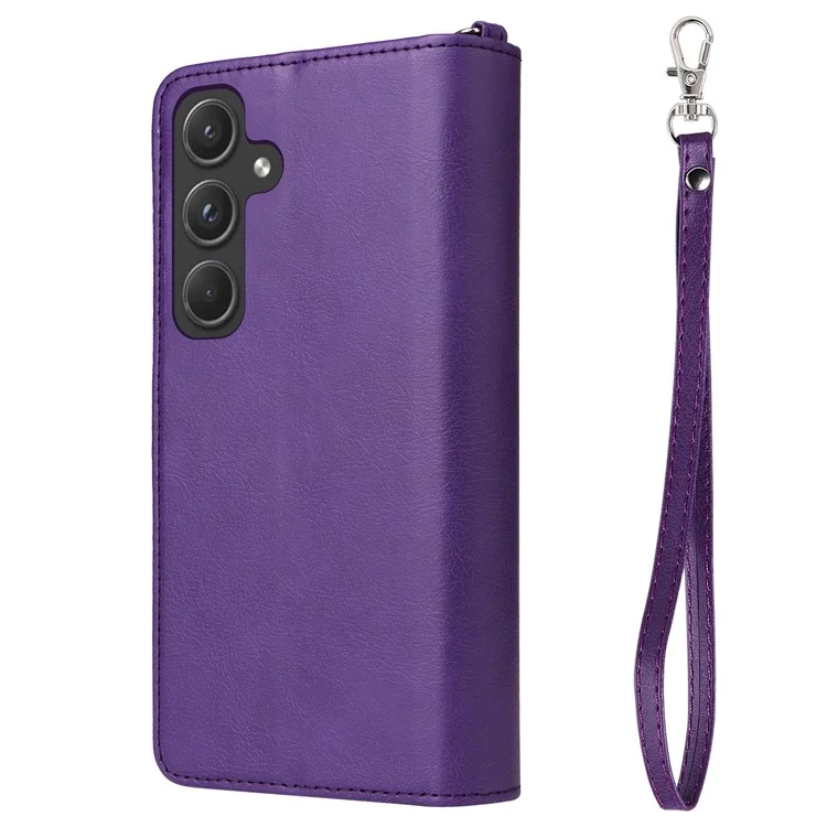 For Samsung Galaxy A55 5G Magnetic Leather Case Mobile Cover with Detachable Zipper Wallet Strap - Purple