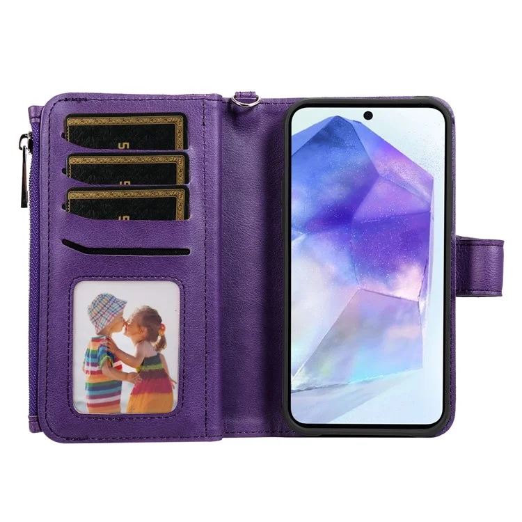 For Samsung Galaxy A55 5G Magnetic Leather Case Mobile Cover with Detachable Zipper Wallet Strap - Purple