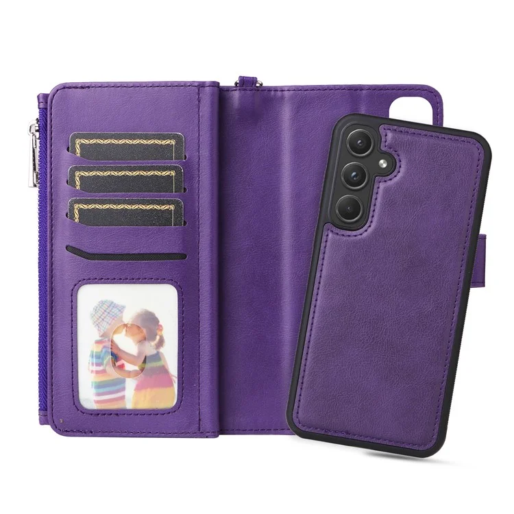 For Samsung Galaxy A55 5G Magnetic Leather Case Mobile Cover with Detachable Zipper Wallet Strap - Purple