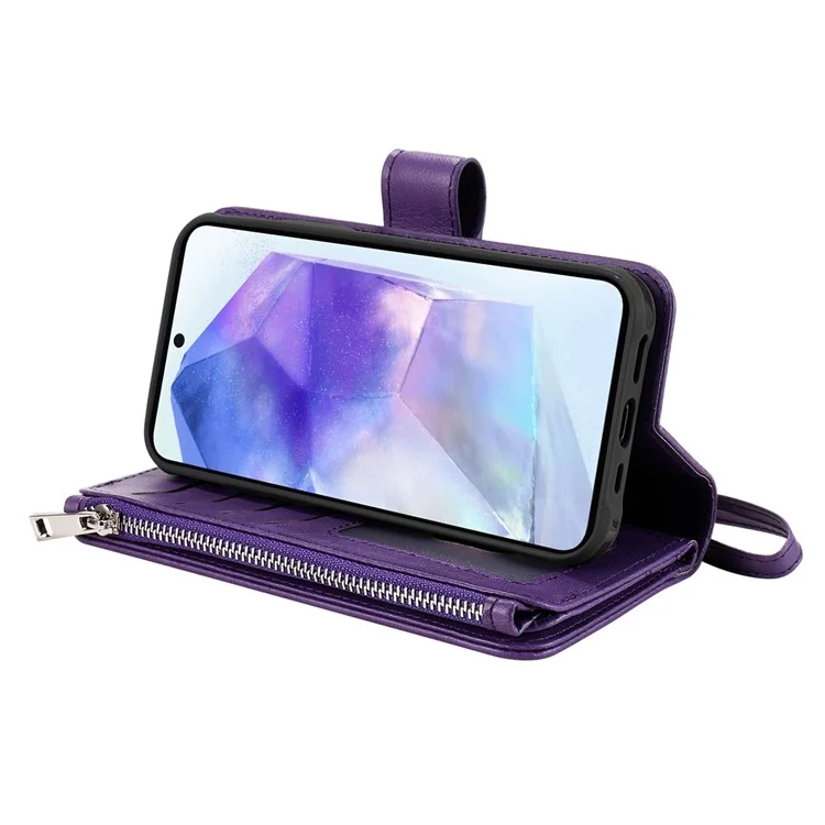 For Samsung Galaxy A55 5G Magnetic Leather Case Mobile Cover with Detachable Zipper Wallet Strap - Purple