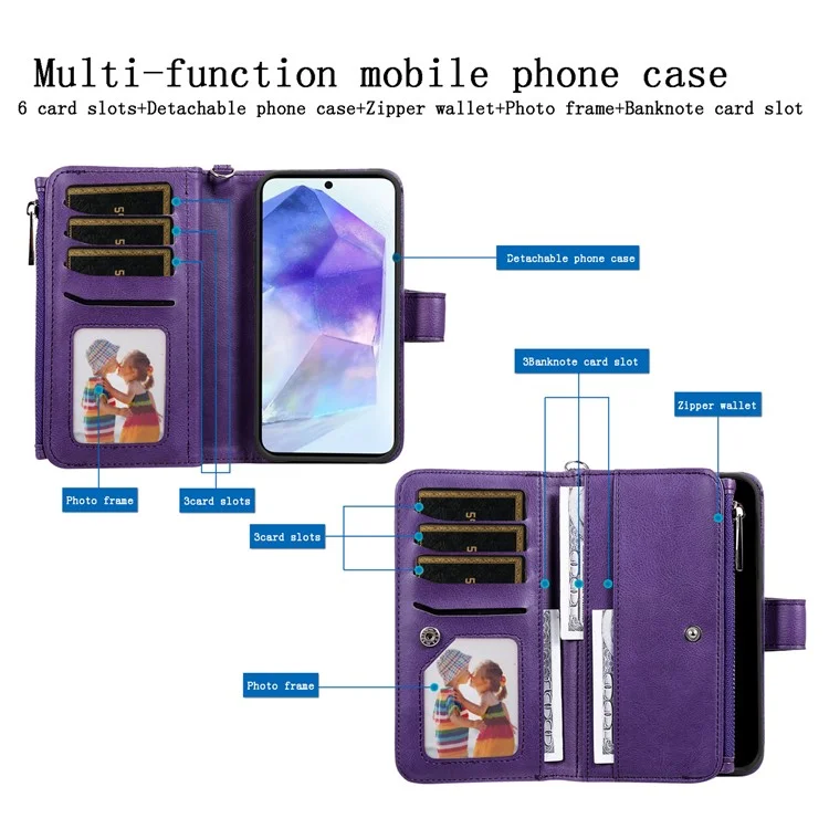For Samsung Galaxy A55 5G Magnetic Leather Case Mobile Cover with Detachable Zipper Wallet Strap - Purple