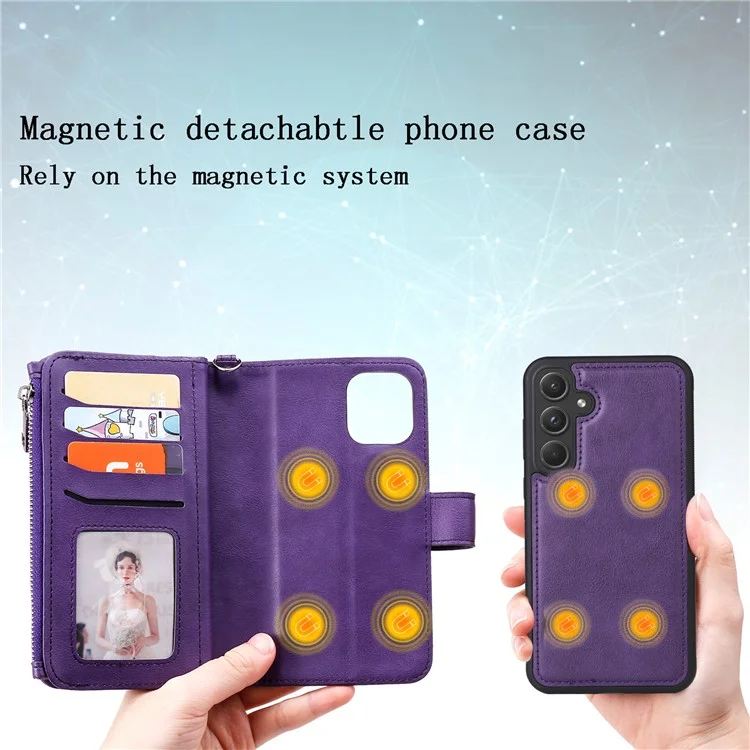 For Samsung Galaxy A55 5G Magnetic Leather Case Mobile Cover with Detachable Zipper Wallet Strap - Purple